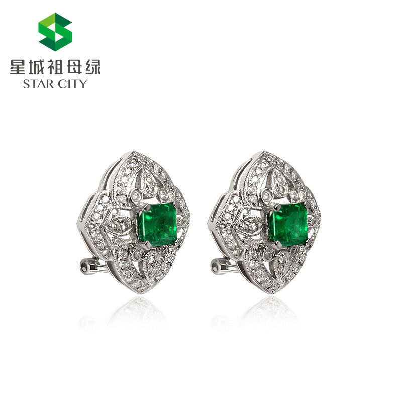 白18K祖母绿耳钉  主石：1.5克拉