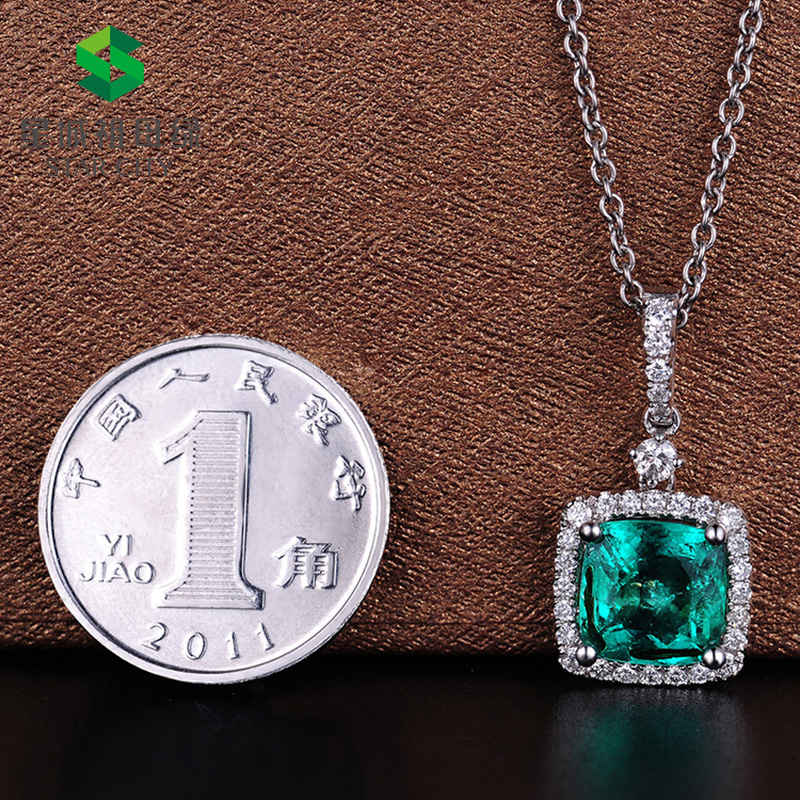 白18K金祖母绿钻石吊坠1.816ct 垫形哥伦比亚吊坠