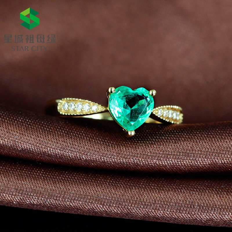 黄18K金祖母绿戒指0.679ct 桃心戒指情侣小礼品