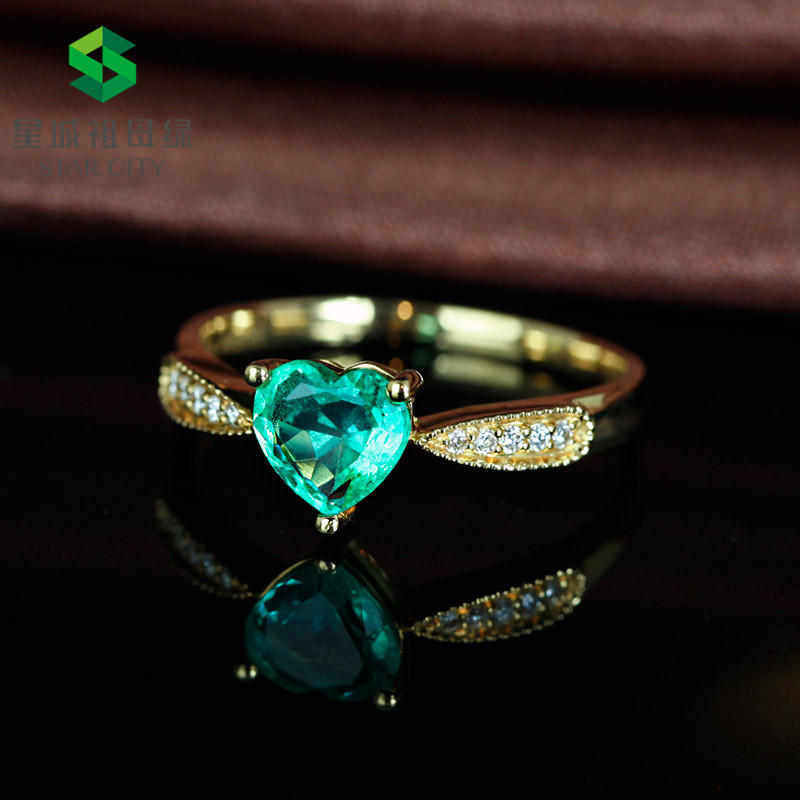 黄18K金祖母绿戒指0.679ct 桃心戒指情侣小礼品
