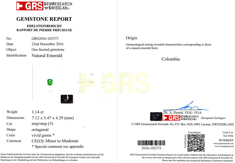 哥伦比亚 祖母绿裸石1.14ct GRS vivid muzo minor to moderate