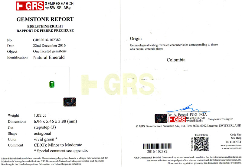 哥伦比亚 祖母绿裸石1.02ct GRS vivid muzo minor to moderate