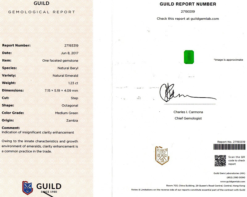 赞比亚 祖母绿裸石1.23ct GUILD MEDIUM GREEN INSIGNIFICANT