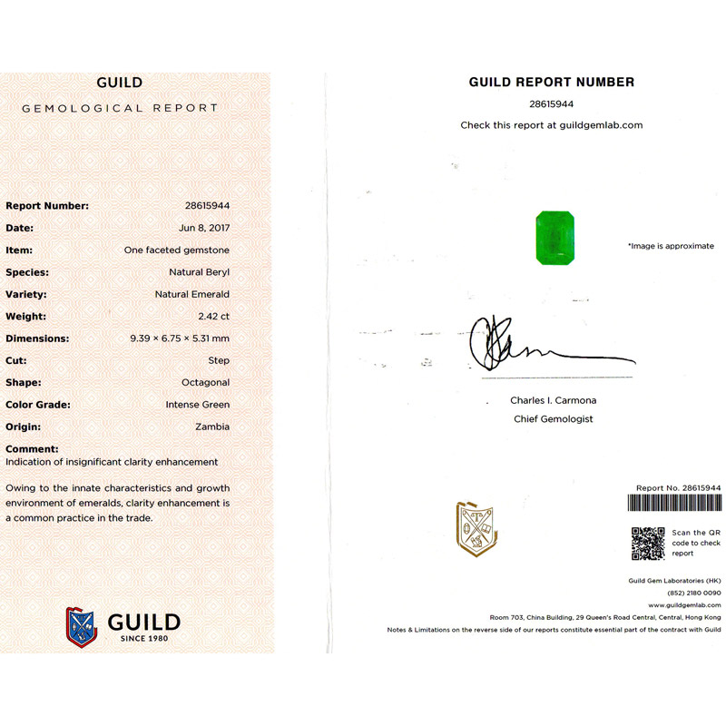 赞比亚 祖母绿裸石2.42ct GUILD INTENE GREEN INSIGNIFICANT