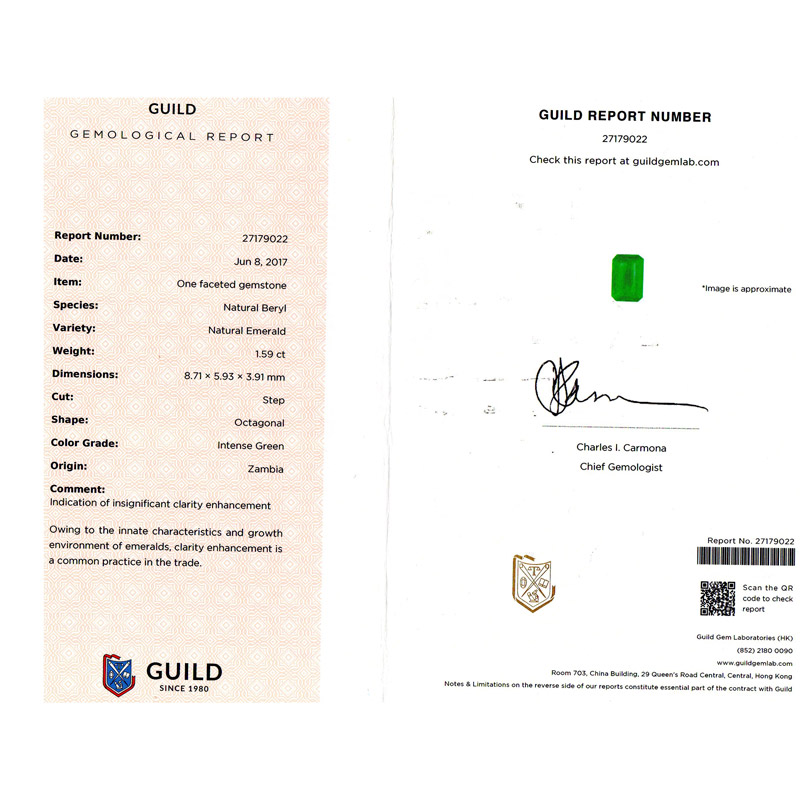 赞比亚 祖母绿裸石1.59ct GUILD INTENSE GREEN INSIGNIFICANT