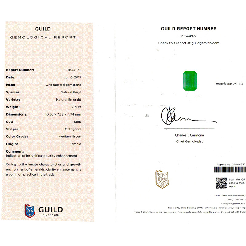赞比亚 祖母绿裸石2.71ct GUILD MEDIUM GREEN Insignificant