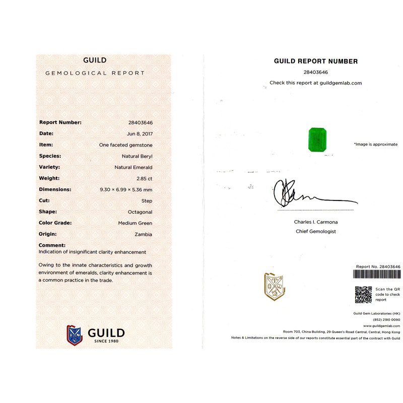 赞比亚 祖母绿裸石2.85ct GUILD MEDIUM GREEN Insignificant