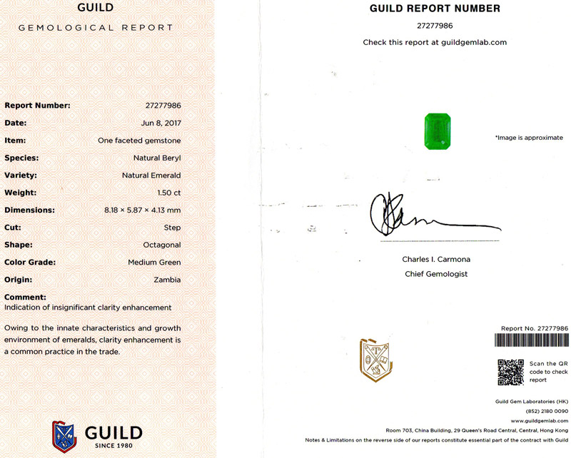 赞比亚 祖母绿裸石1.5ct GUILD MEDIUM GREEN INSIGNIFICANT
