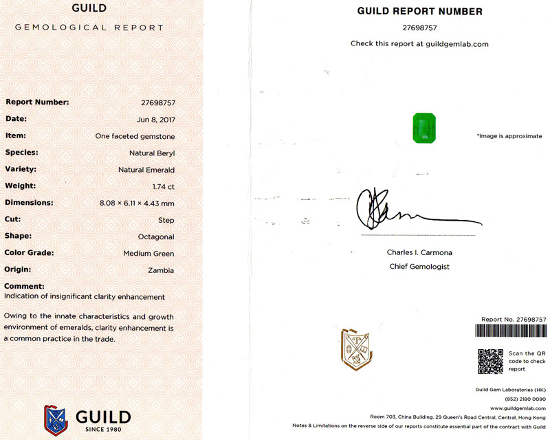 赞比亚 祖母绿裸石1.74ct GUILD MEDIUM GREEN INSIGNIFICANT