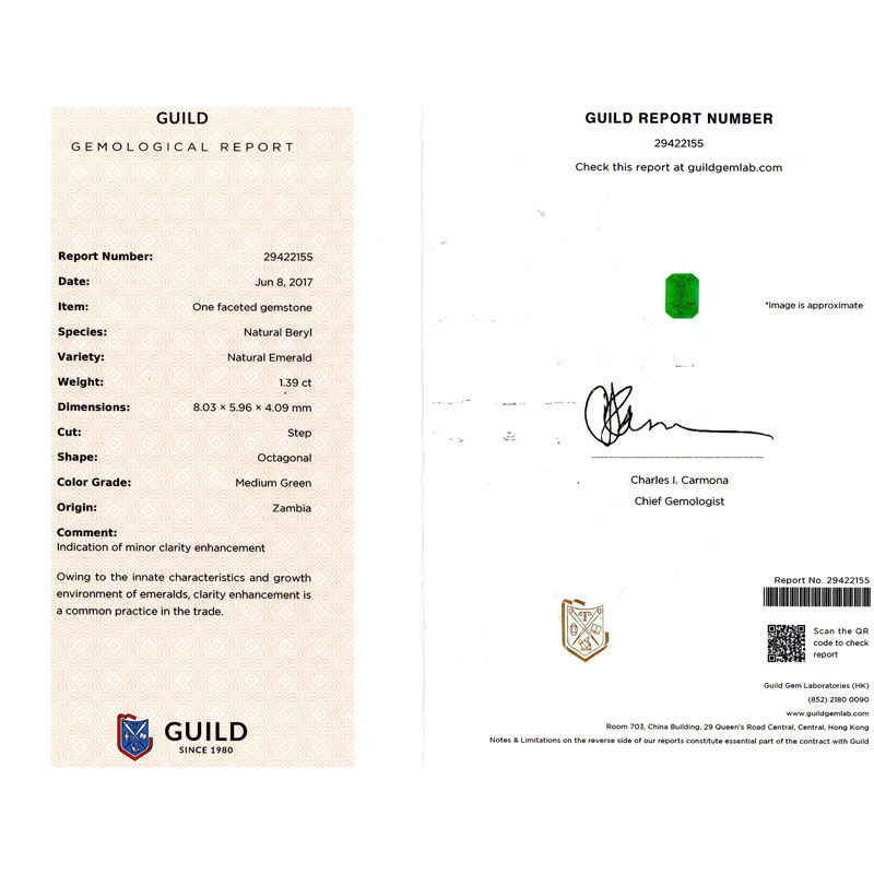 赞比亚 祖母绿裸石1.39ct GUILD MEDIUM GREEN MINOR