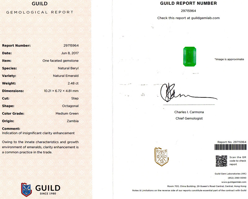 赞比亚 祖母绿裸石2.48ct GUILD MEDIUM GREEN Insignificant