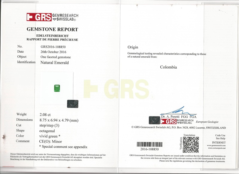 哥伦比亚 祖母绿裸石2.08克拉 GRS VIVID MUZO Minor