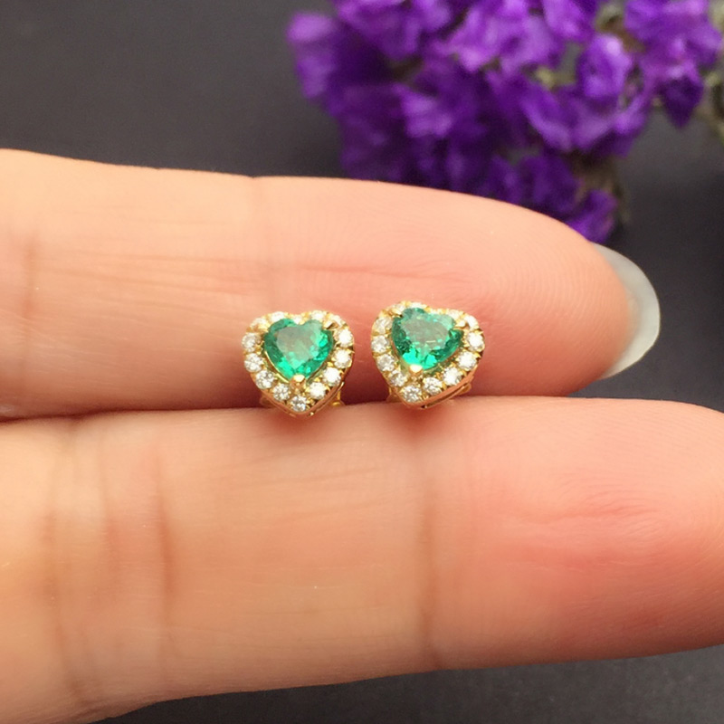 黄18K金祖母绿心形耳钉0.508克拉/2粒