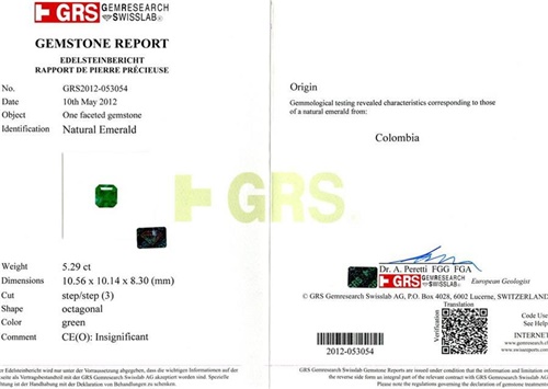 哥伦比亚 祖母绿裸石5.29克拉 GRS green Insignificant