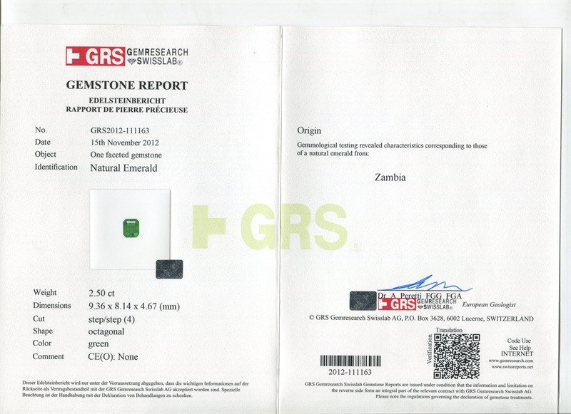 赞比亚 祖母绿裸石2.5克拉 GRS green None 无油