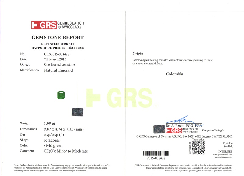 哥伦比亚 祖母绿裸石3.99克拉 GRS vivid Minor to Moderate
