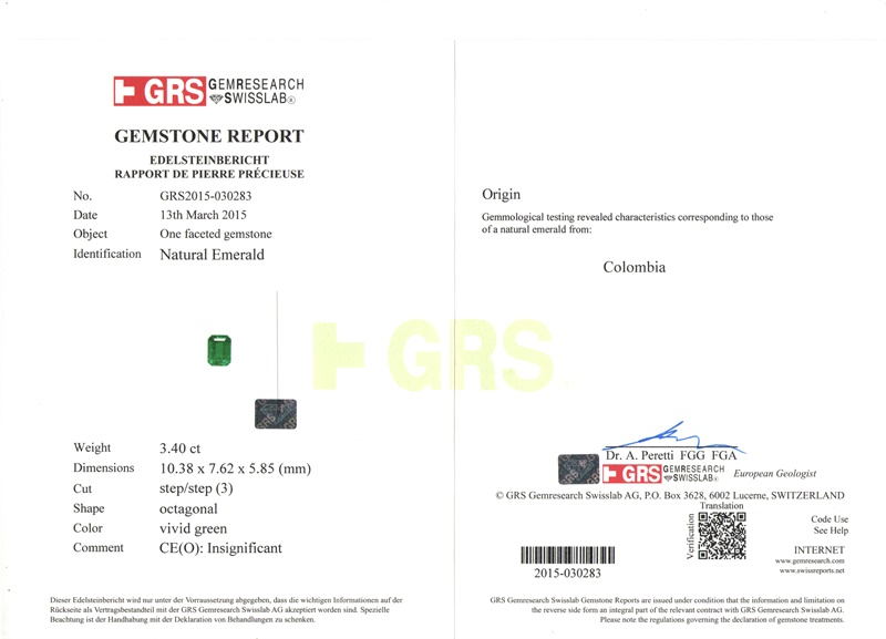 哥伦比亚 祖母绿裸石3.4克拉 GRS vivid Insignificant