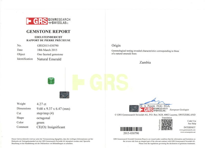 赞比亚 祖母绿裸石4.27克拉 GRS green Insignificant