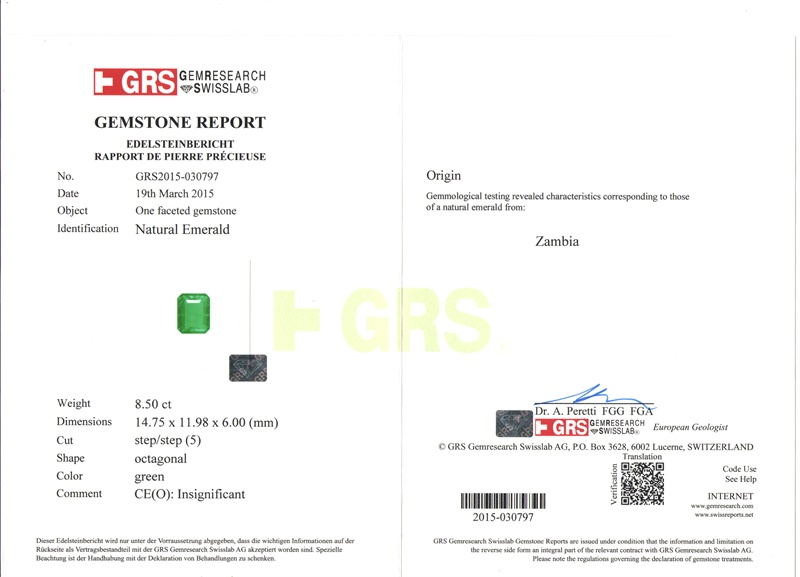 赞比亚 祖母绿裸石8.5克拉 GRS green Insignificant