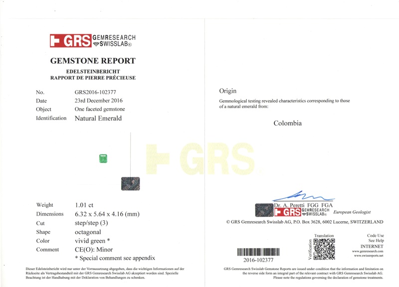 祖母绿裸石 GRS国际证书 木佐绿 1.01克拉 vivid muzo minor