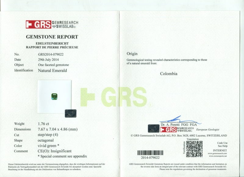 哥伦比亚 祖母绿裸石1.76克拉 GRS VIVID muzo Insignificant