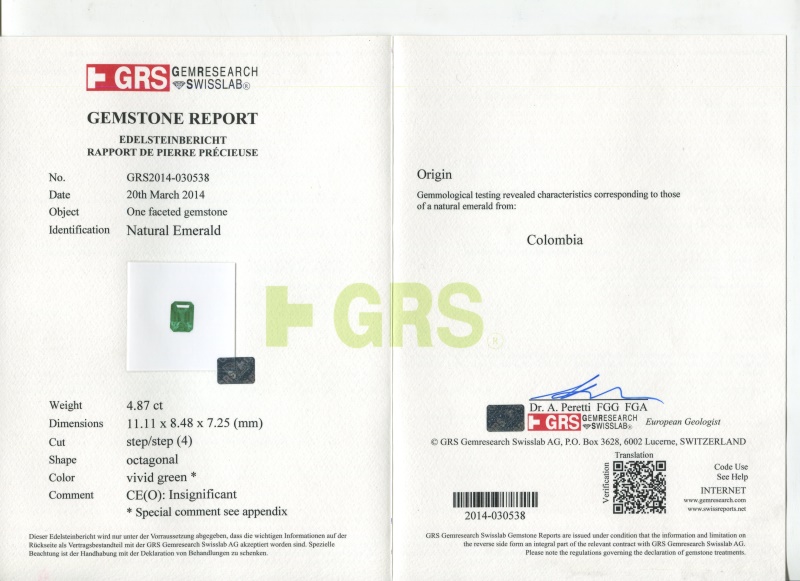 哥伦比亚 祖母绿裸石4.87克拉 GRS vivid muzo Insignificant 木佐绿几乎无油