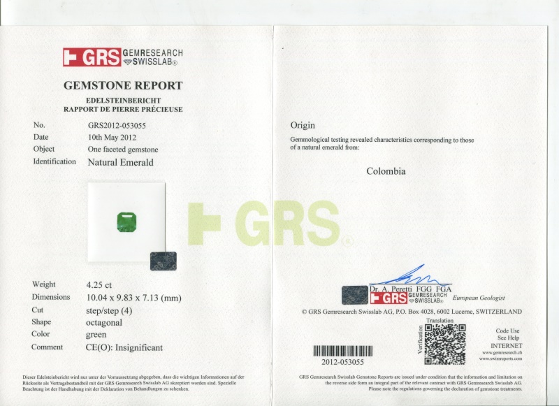 哥伦比亚 祖母绿裸石4.25克拉 GRS green Insignificant