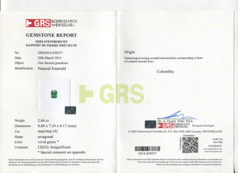 哥伦比亚 祖母绿裸石2.84克拉 GRS木佐绿 几乎无油 vivid muzo Insignificant