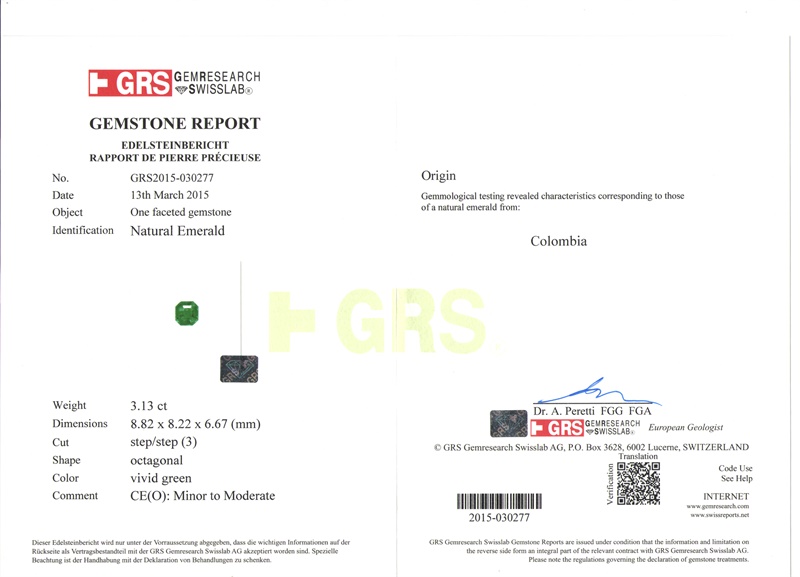 哥伦比亚 祖母绿裸石3.13克拉 GRS vivid Minor to Moderate