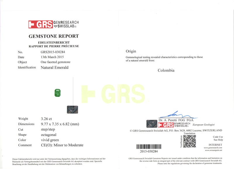 哥伦比亚 祖母绿裸石3.26克拉 GRS vivid Minor to Moderate