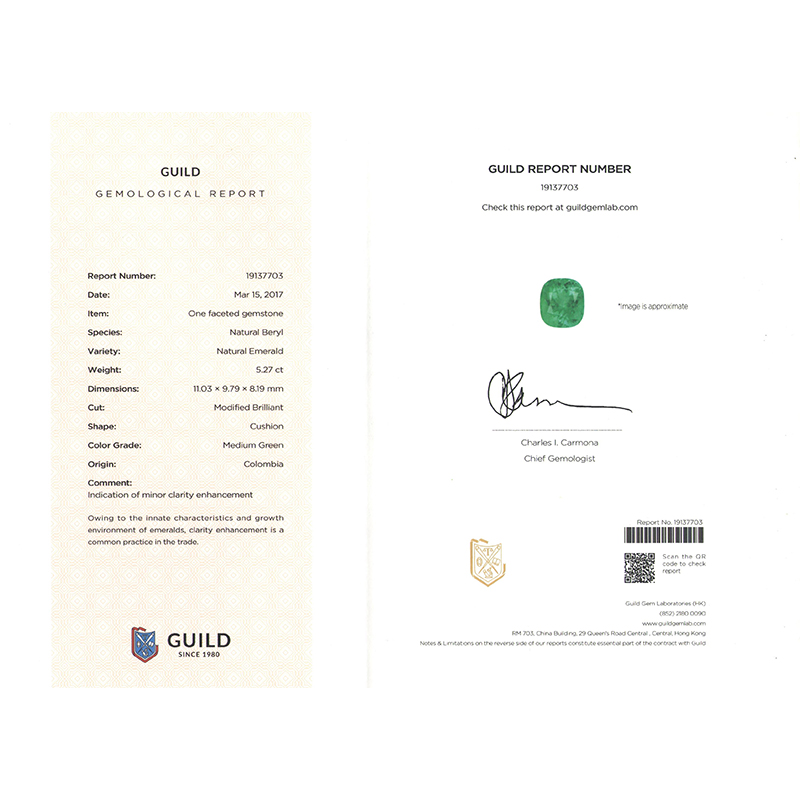 垫型祖母绿裸石5.27ct  哥伦比亚  MEDIUM GREEN