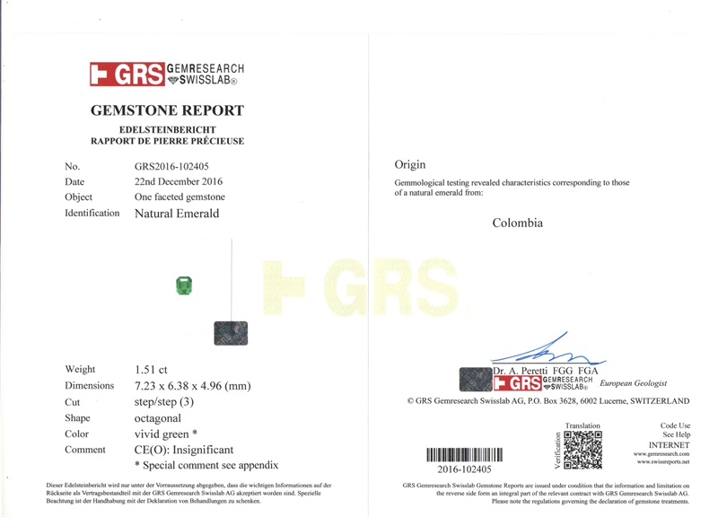 祖母绿裸石 GRS木佐绿 几乎无油 1.51克拉 vivid muzo insignificant