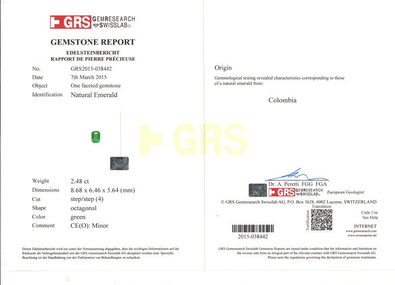 哥伦比亚 祖母绿裸石2.483克拉 GRS green Minor