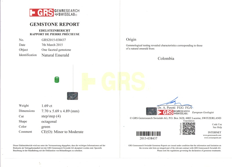 哥伦比亚 祖母绿裸石1.696克拉 GRS green Minor to Moderate