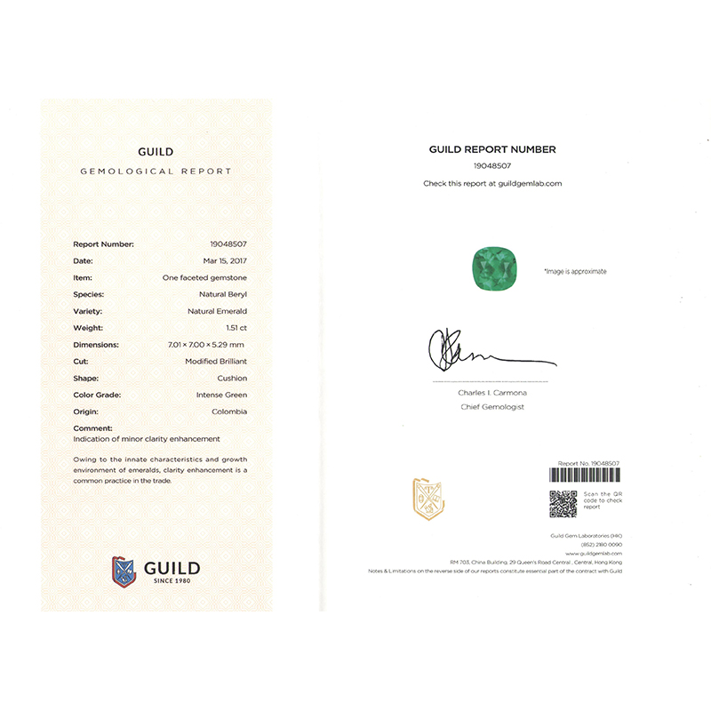 垫型祖母绿裸石1.51ct  哥伦比亚  INTENCE GREEN