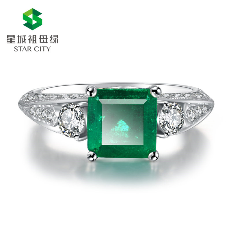 白18K祖母绿钻戒1.665ct 哥伦比亚宝石戒颜色浓郁