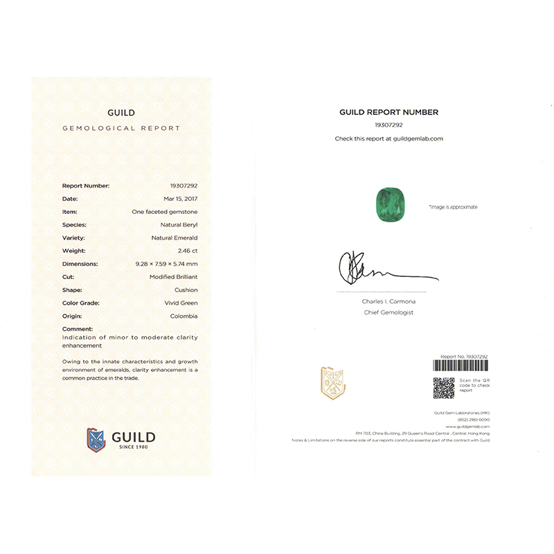 垫型祖母绿裸石2.46ct  哥伦比亚  VIVID GREEN