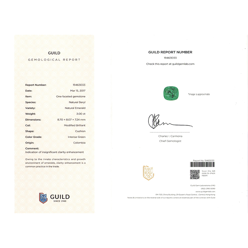 垫型祖母绿裸石3.00ct  哥伦比亚  INTENCE GREEN