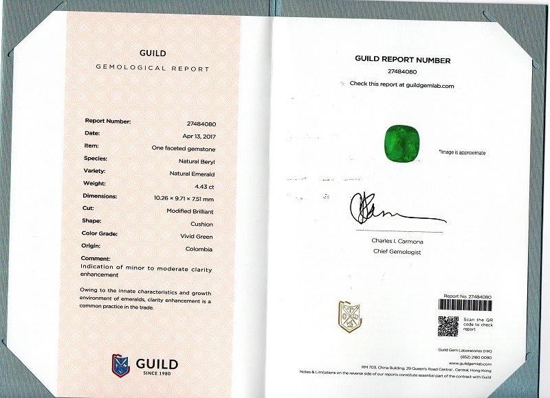 垫型祖母绿裸石4.43ct  哥伦比亚  INTENCE GREEN