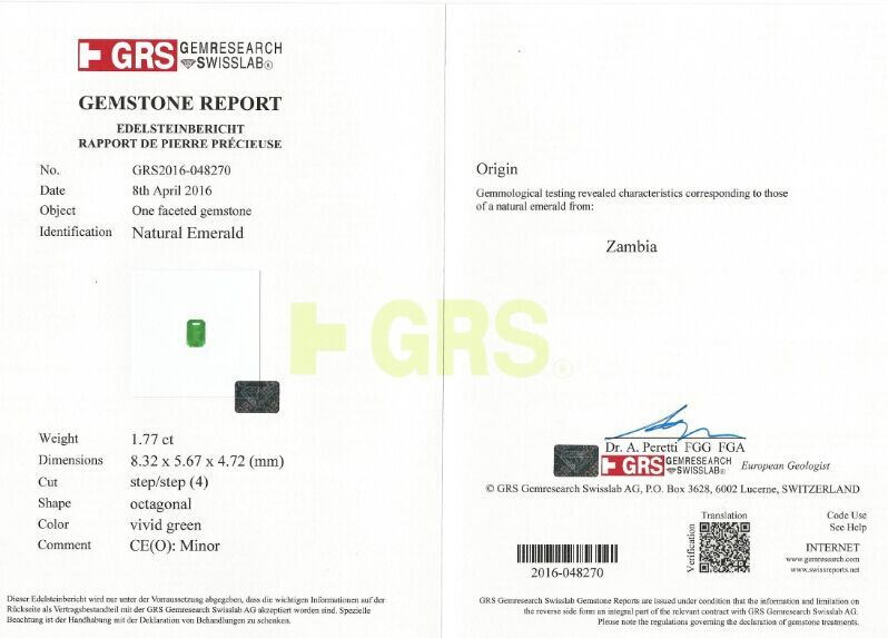 赞比亚 祖母绿裸石1.77克拉 GRS vivid green Minor