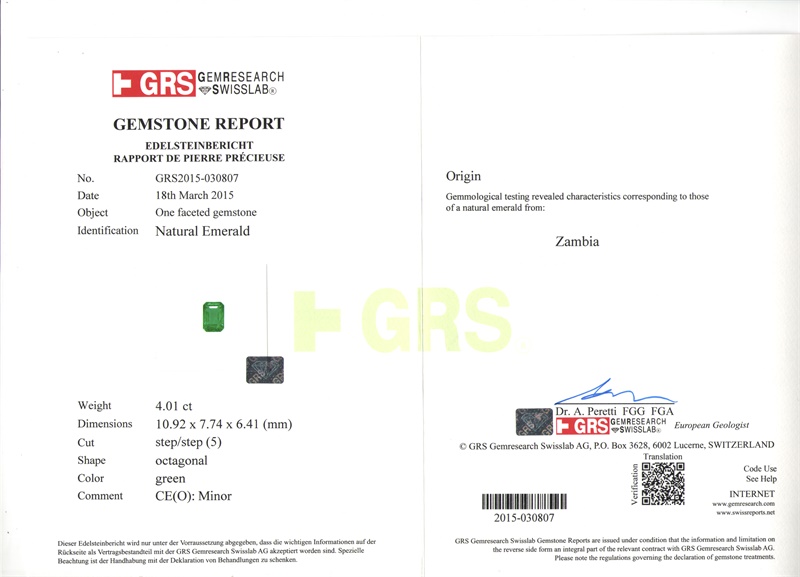 赞比亚 祖母绿裸石4.01克拉 GRS green Minor