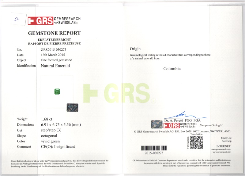 哥伦比亚 祖母绿裸石1.68克拉 GRS vivid Insignificant