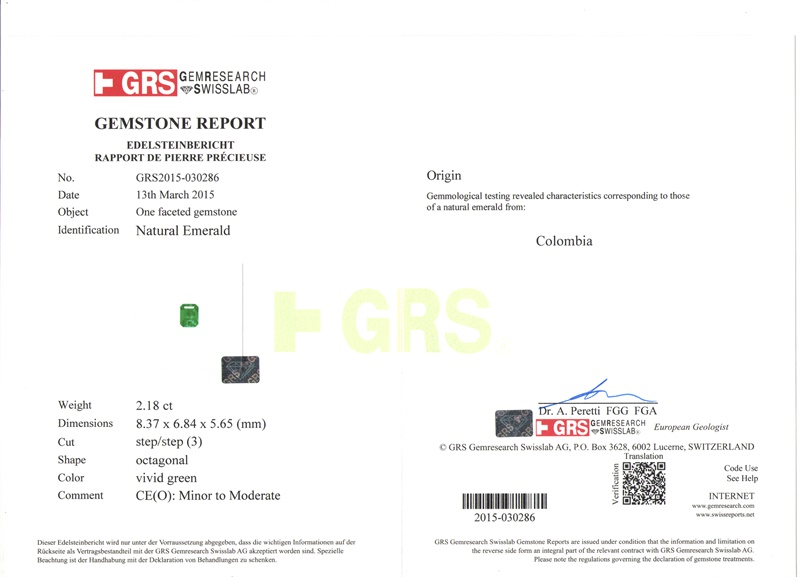 哥伦比亚 祖母绿裸石2.18克拉 GRS vivid Minor to Moderate