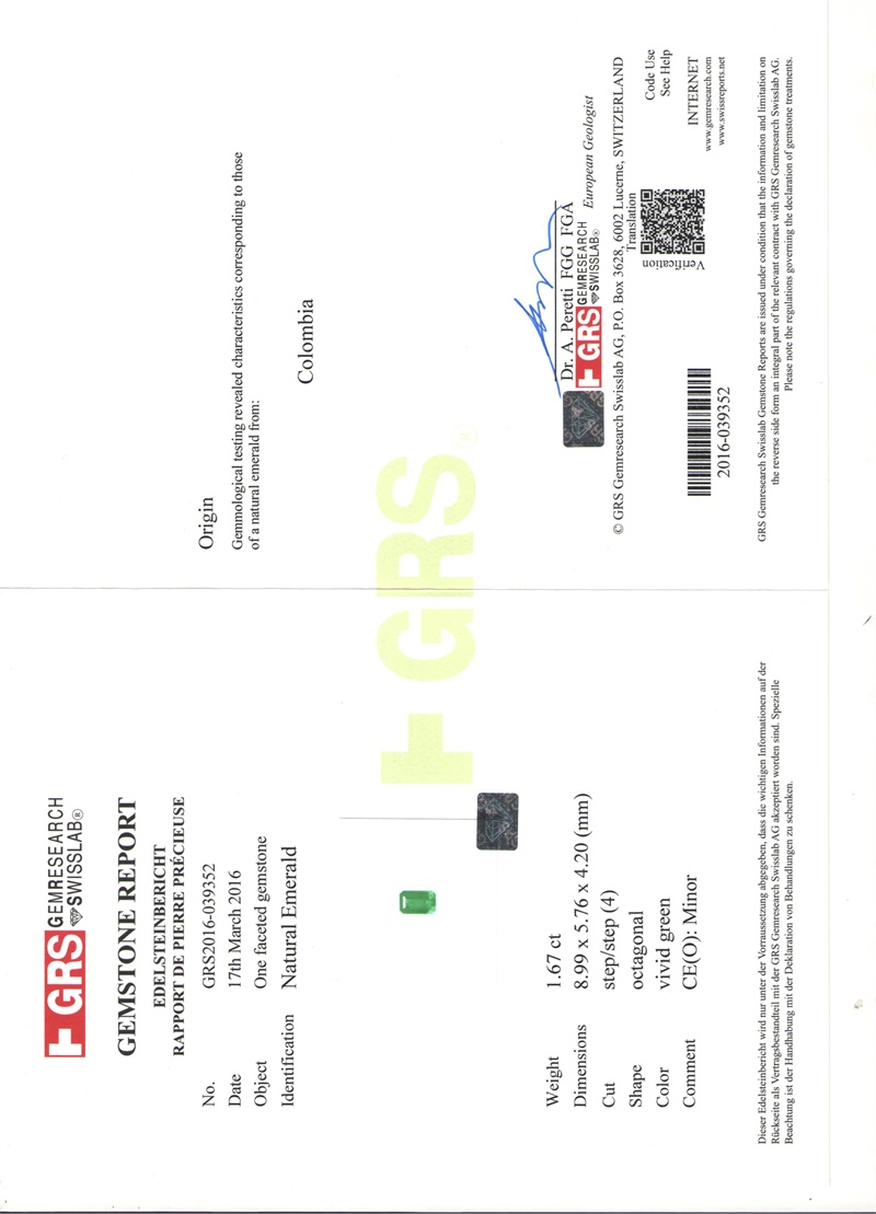 哥伦比亚 祖母绿裸石1.67克拉 GRS vivid Minor