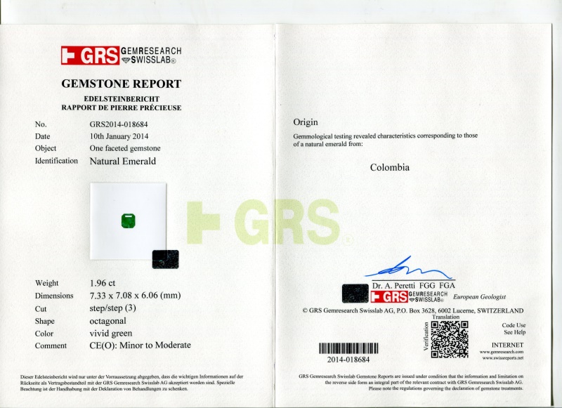哥伦比亚 祖母绿裸石1.96克拉 GRS vivid Minor to Moderate