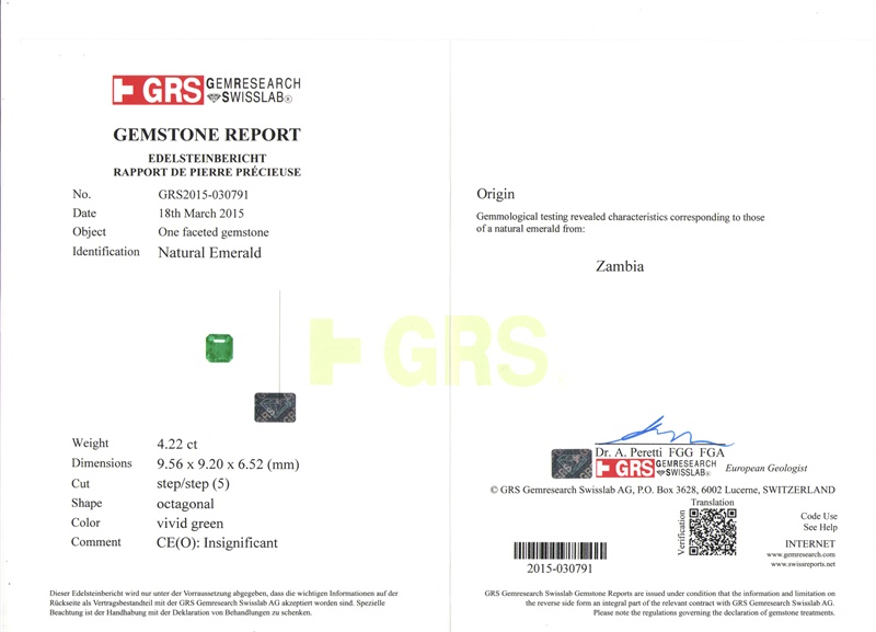 赞比亚 祖母绿裸石4.22克拉 GRS vivid Insignificant