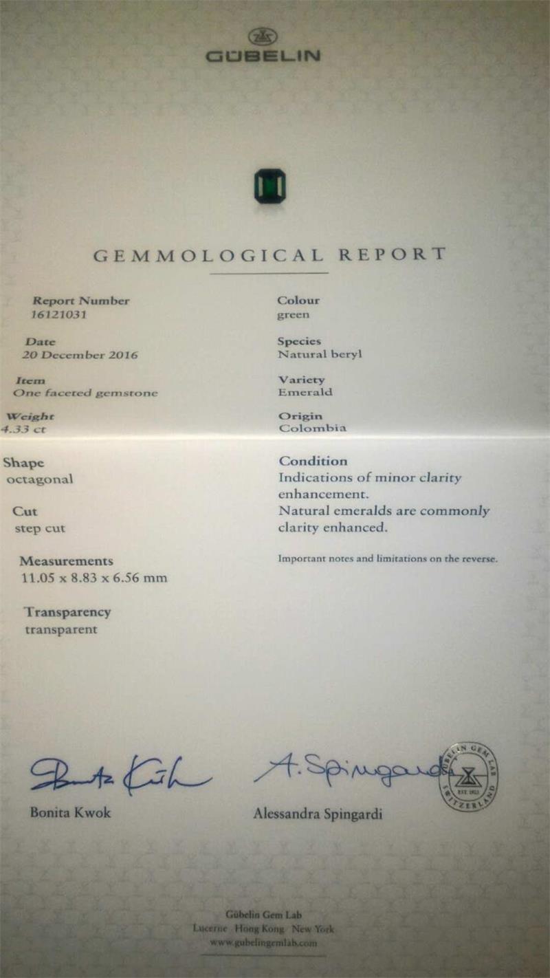 祖母绿裸石 木佐绿 4.33克拉 古柏林证书