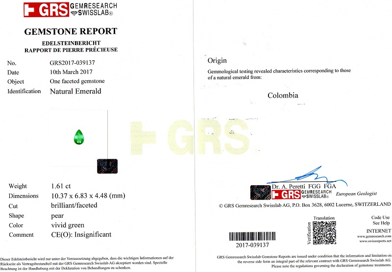 祖母绿裸石1.61克拉 GRS vivid green Insignificant