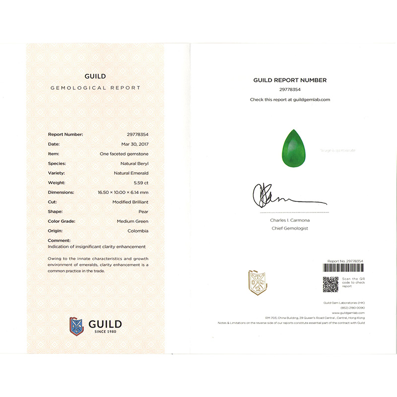 祖母绿裸石5.59克拉 哥伦比亚水滴宝石带国际证书