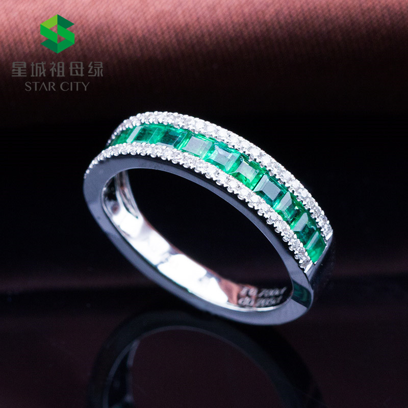 白18K金祖母绿钻戒0.737ct/12p 钻石祖母绿排镶戒指